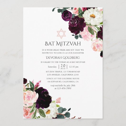 Burgundy Plum und Blush Pink Bat Mitzvah Einladung (Vorderseite)