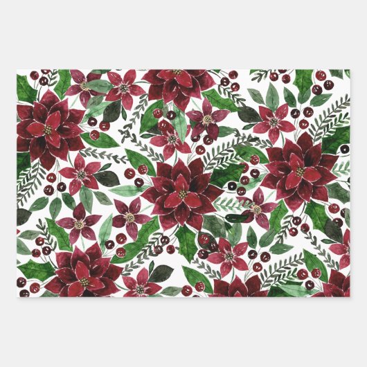 Burgundy Poinsettia Blume Wasserfarbe Geschenkpapier Set (Vorderseite 2)