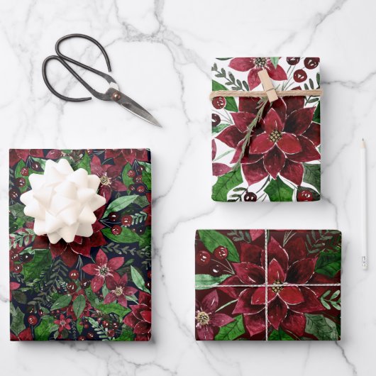 Burgundy Poinsettia Blume Wasserfarbe Geschenkpapier Set (Vorderseite)
