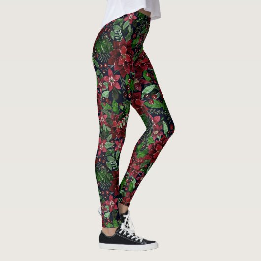 Burgundy Poinsettia Blume Wasserfarbe Leggings (Rechts)