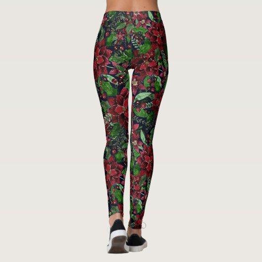 Burgundy Poinsettia Blume Wasserfarbe Leggings (Rückseite)