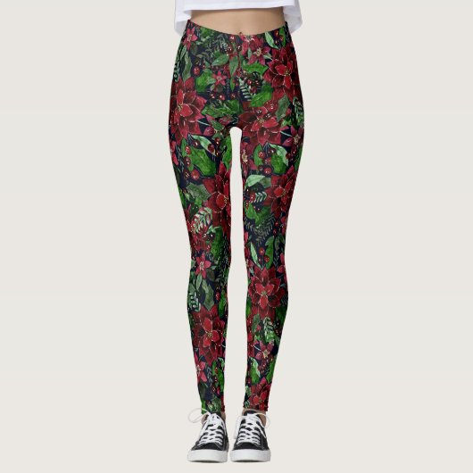 Burgundy Poinsettia Blume Wasserfarbe Leggings (Vorderseite)