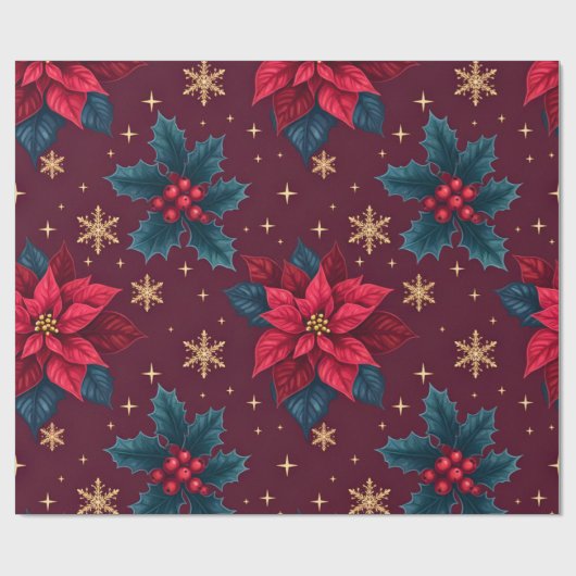 Burgundy Poinsettia & Gold Snowflake Dark Feminine Geschenkpapier (Flach)