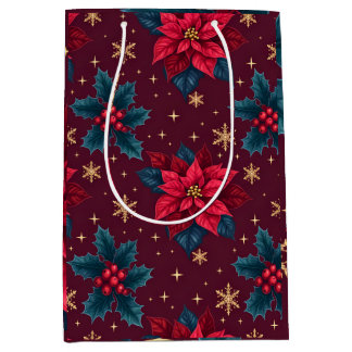 Burgundy Poinsettia & Gold Snowflake Dark Feminine Mittlere Geschenktüte