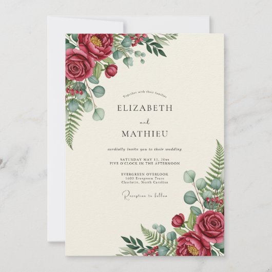 Burgundy Polished Botanical Wedding Einladung (Vorderseite)