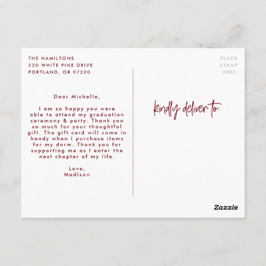 Burgundy Preppy Script Foto Abschluss Vielen Dank Postkarte (Rückseite)