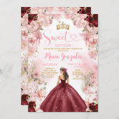 Burgundy Princess Dress Pink Floral 16 . Geburtsta Einladung (Vorne/Hinten)