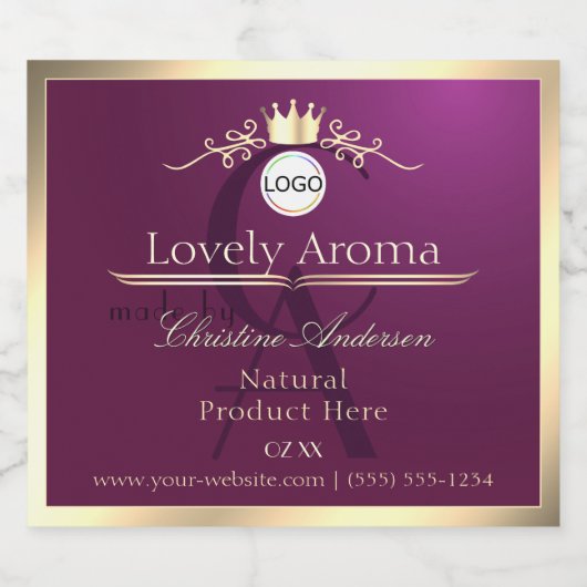 Burgundy Product Label Gold Border Logo Monogram Alkoholflaschenetikett (Einzelnes Label)