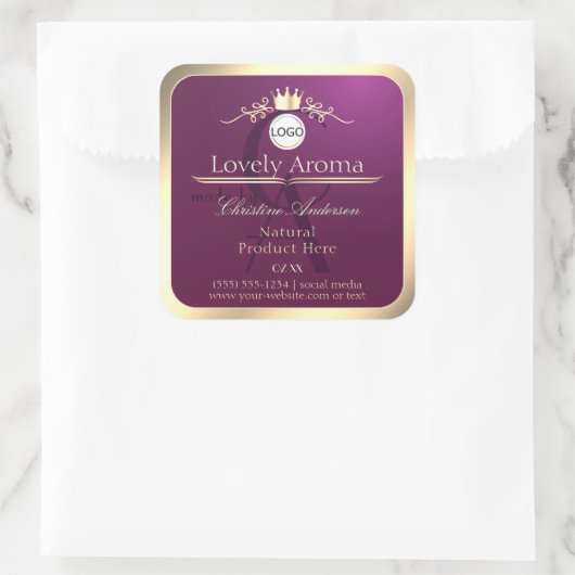 Burgundy Product Label Gold Border Logo Monogram Quadratischer Aufkleber (Tasche)