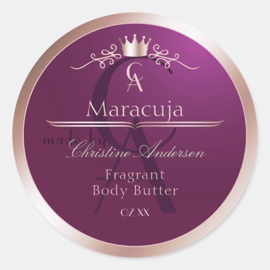 Burgundy Product Label Rose Gold Frame Monogram Runder Aufkleber (Vorderseite)