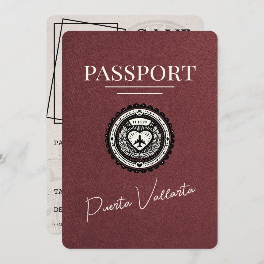 Burgundy Puerta Vallarta Passport Save The Date (Vorne/Hinten)