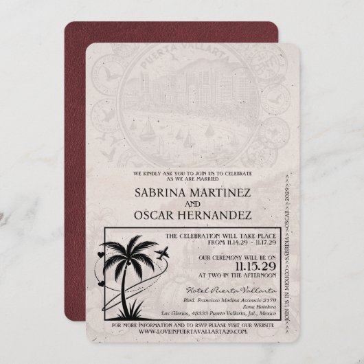 Burgundy Puerta Vallarta Passport Wedding Einladung (Vorne/Hinten)