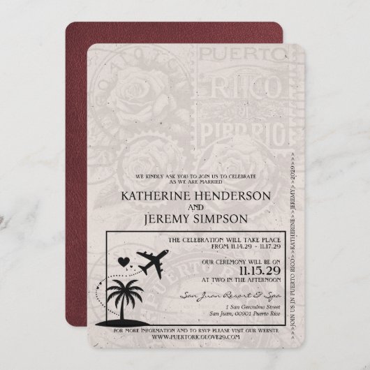 Burgundy Puerto Rico Passport Hochzeit Einladung (Vorne/Hinten)