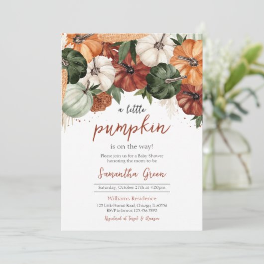 Burgundy Pumpkin Baby Shower Einladung (Stehend Vorderseite)