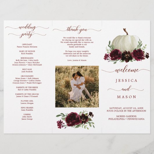 Burgundy Pumpkin Fall Tri-Fold Hochzeitsprogramm (Vorne)