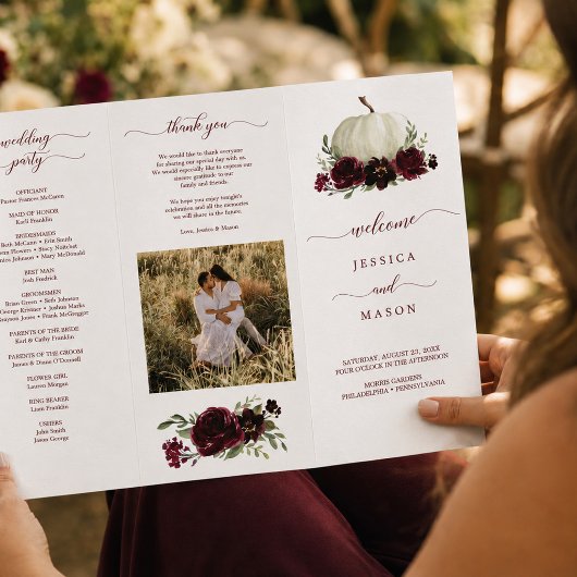 Burgundy Pumpkin Fall Tri-Fold Hochzeitsprogramm