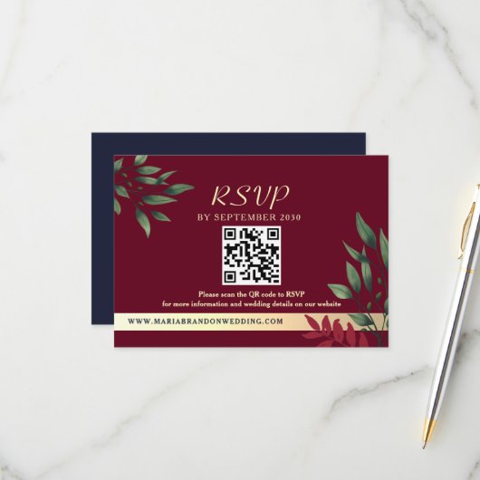 Burgundy QR Code Hochzeit im Herbst RSVP Karte (Vorderseite/Rückseite Beispiel)