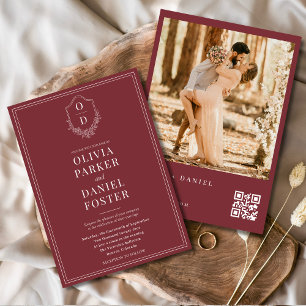 Burgundy QR Code Klassisches Wappen Foto Hochzeit Einladung