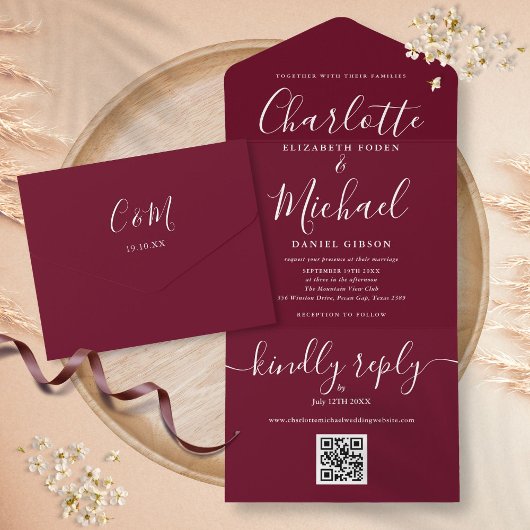 Burgundy QR Code Script Minimalistische Hochzeit All In One Einladung