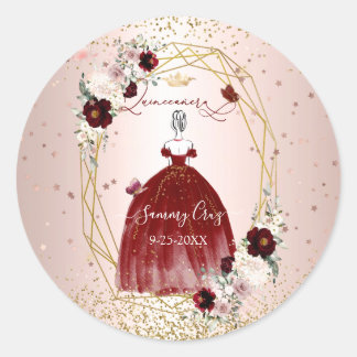 Burgundy Quinceanera H2 Blume Dusty Rose Blush Runder Aufkleber