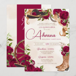 Burgundy Quinceanera Rose Vintag Charro Western Einladung