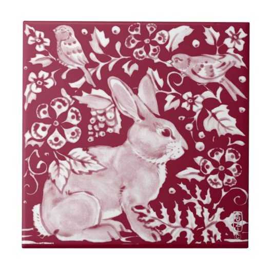 Burgundy Rabbit Bunny Birds Floral Dedham Delft Fliese (Vorderseite)