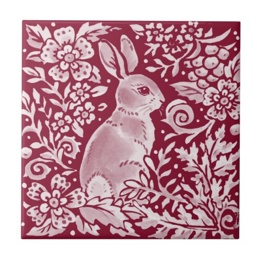 Burgundy Rabbit Bunny Woodland Floral Art Fliese (Vorderseite)