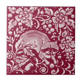 Burgundy Raccoon Wald Tier Floral Fliese