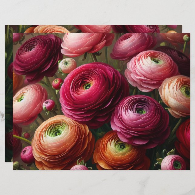 Burgundy Ranunculus Decoupage Scrapbook Paper (Vorne/Hinten)