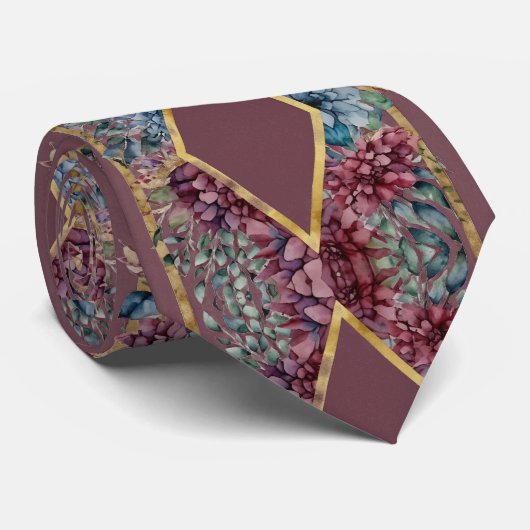 Burgundy Raute Wasserfarben Blume Krawatte (Gerollt)