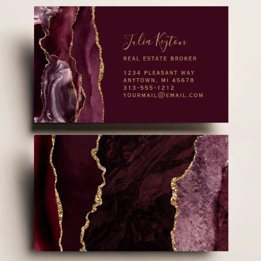 Burgundy Red Agate Geode Gold Glitzer Real Anwesen Visitenkarte