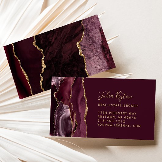 Burgundy Red Agate Geode Gold Glitzer Real Anwesen Visitenkarte