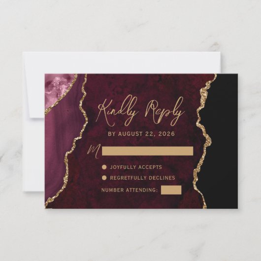 Burgundy Red Agate Gold Script Wedding RSVP Karte (Vorderseite)
