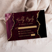 Burgundy Red Agate Gold Script Wedding RSVP Karte