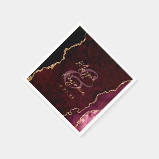 Burgundy Red Agate Gold Script Wedding Serviette (Ecke)