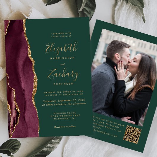 Burgundy Red Agate Green Photo QR Code Wedding Einladung