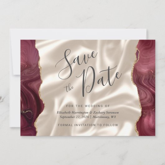 Burgundy Red Agate Ivory Silk Save the Date Einladung (Vorderseite)