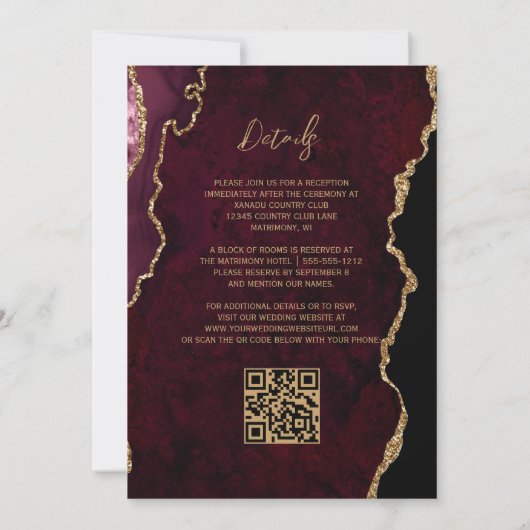 Burgundy Red Agate Script QR Code Wedding Einladung (Rückseite)