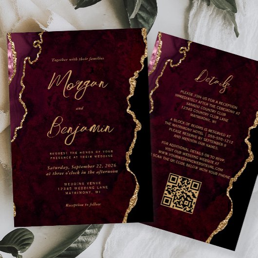 Burgundy Red Agate Script QR Code Wedding Einladung