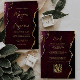 Burgundy Red Agate Script QR Code Wedding Einladung