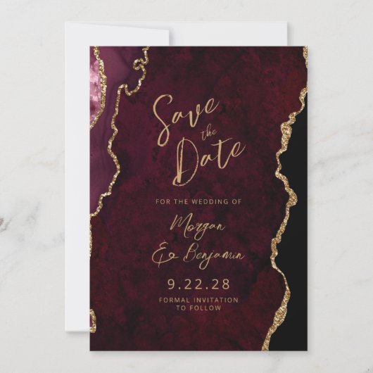 Burgundy Red Agate Script Wedding Save the Date (Vorderseite)