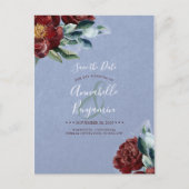 Burgundy Red and Dusty Blue Floral Save the Date Ankündigungspostkarte (Vorderseite)