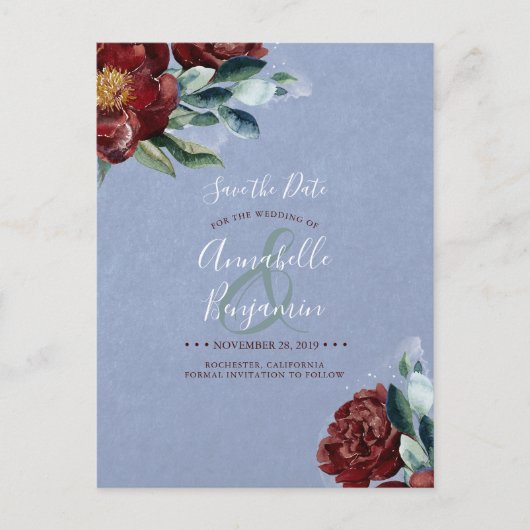 Burgundy Red and Dusty Blue Floral Save the Date Ankündigungspostkarte (Vorderseite)
