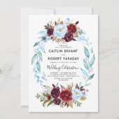 Burgundy Red and Dusty Blue Floral Wedding Einladung (Vorderseite)