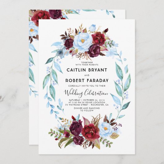 Burgundy Red and Dusty Blue Floral Wedding Einladung (Vorne/Hinten)