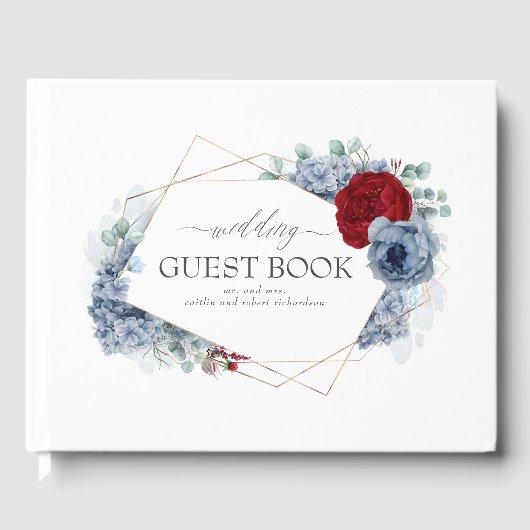 Burgundy Red and Dusty Blue Floral Wedding Gästebuch (Vorderseite)