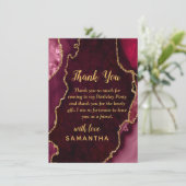 Burgundy Red and Gold Agate Birthday Party Dankeskarte (Stehend Vorderseite)