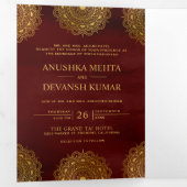Burgundy Red and Gold Asian Mandala Indian Wedding Dreifach Gefaltete Einladung (Innen Erste Seite)