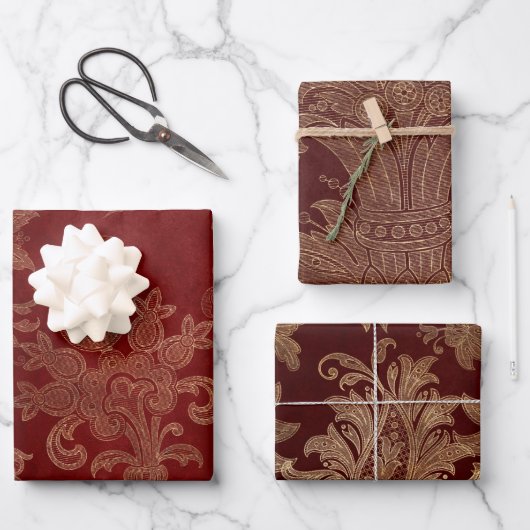 Burgundy Red and Gold Damask Geschenkpapier Set (Vorderseite)