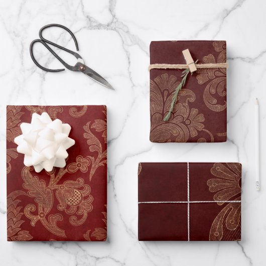 Burgundy Red and Gold Damask Weihnachten Geschenkpapier Set (Vorderseite)